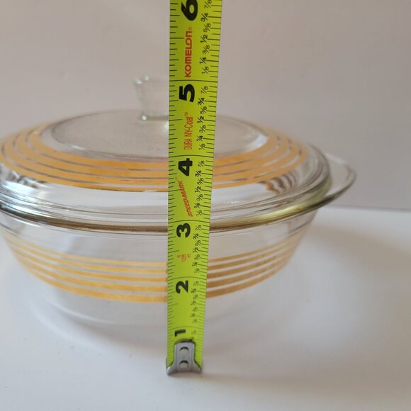 Inlaid Glass Golden Stripe Ovenware Casserole Dish With Lid Vintage Clear Glass - Picture 7 of 8